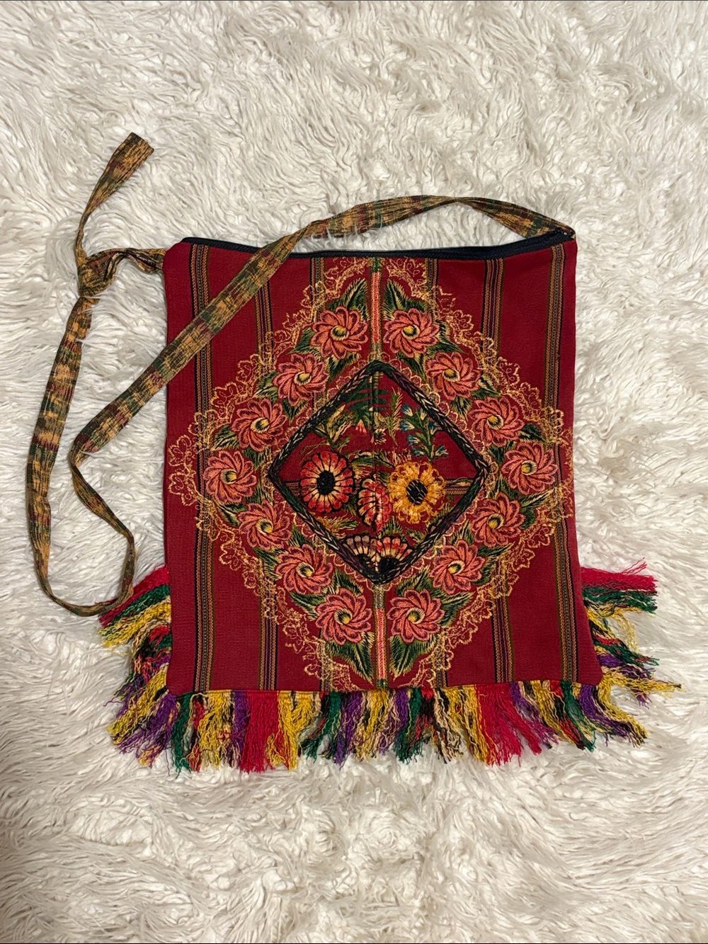 Embroidered Red Boho Fringe Crossbody Bag